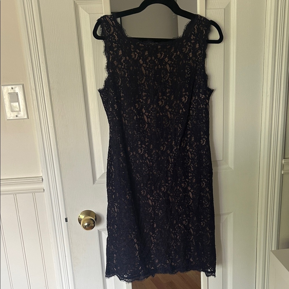 Adrianna Papell Navy Lace Dress with Nude Underlay